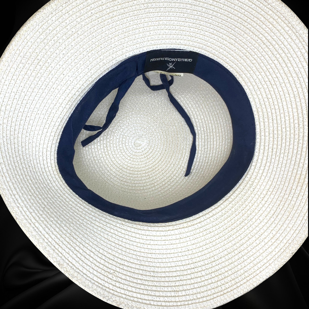 Global Glamour Raffia Hat White Tall Crown 3.5" Brim Navy Band O/S Adjustable - Picture 6 of 10